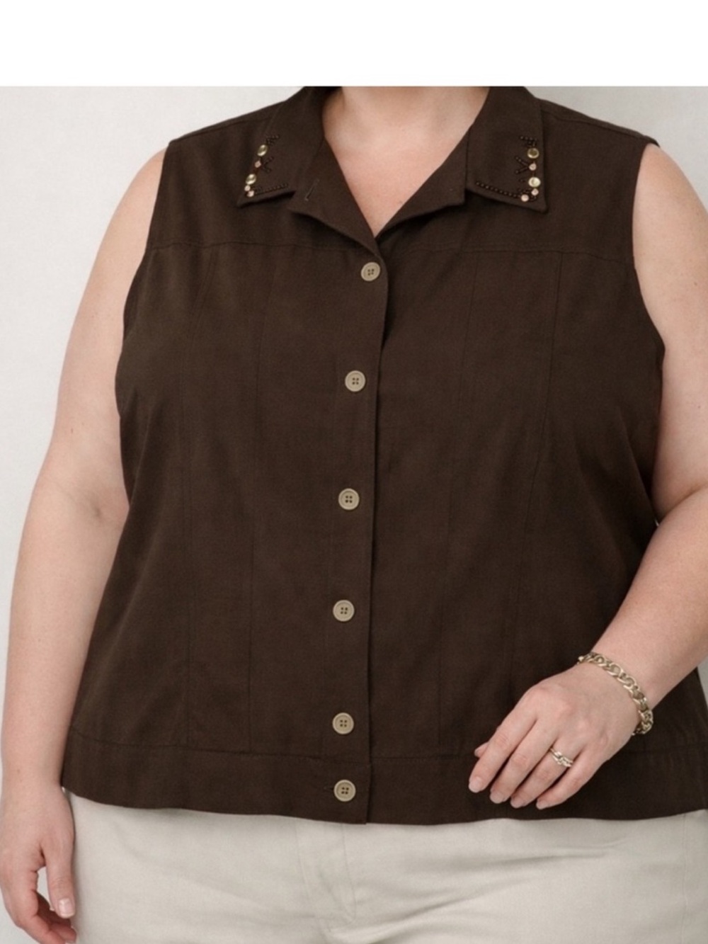 TanJay Beaded Embellished Brown Button Down Sleeveless Top
